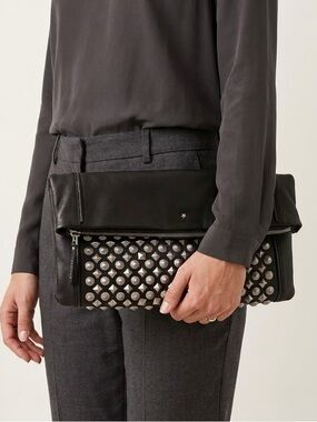 Ash Black Real Leather Fold-Over Clutch with Silver Studded Panel
